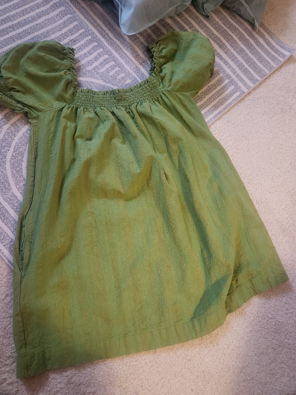 Green Puff Sleeve Smocked Neck Blouse